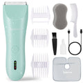 Mint teal baby hair clipper with attachments, charger cord, and comb set
