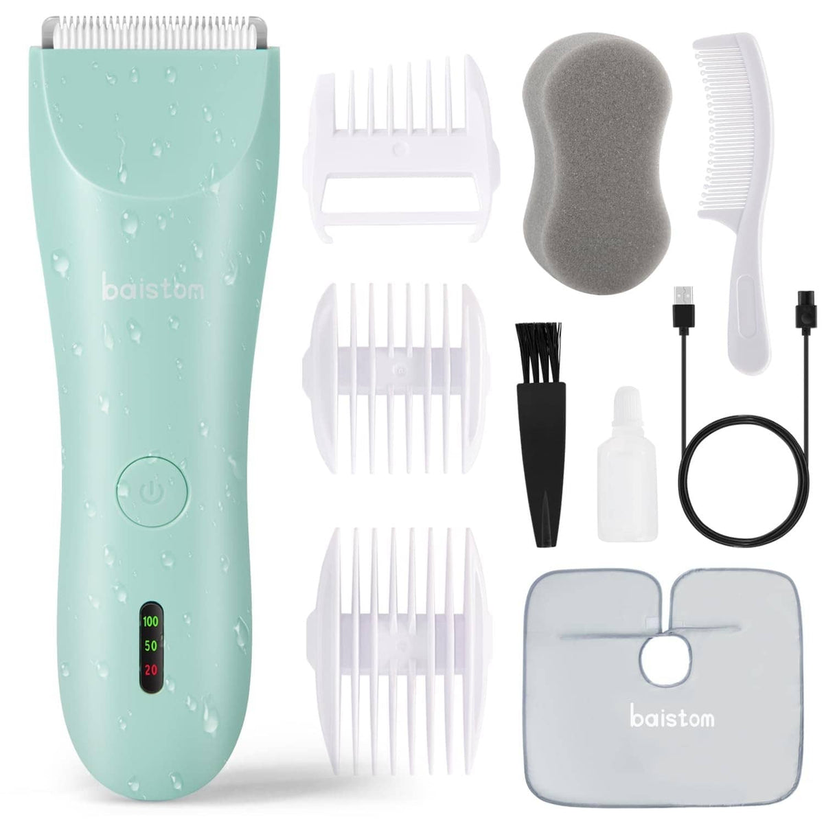Mint teal baby hair clipper with attachments, charger cord, and comb set