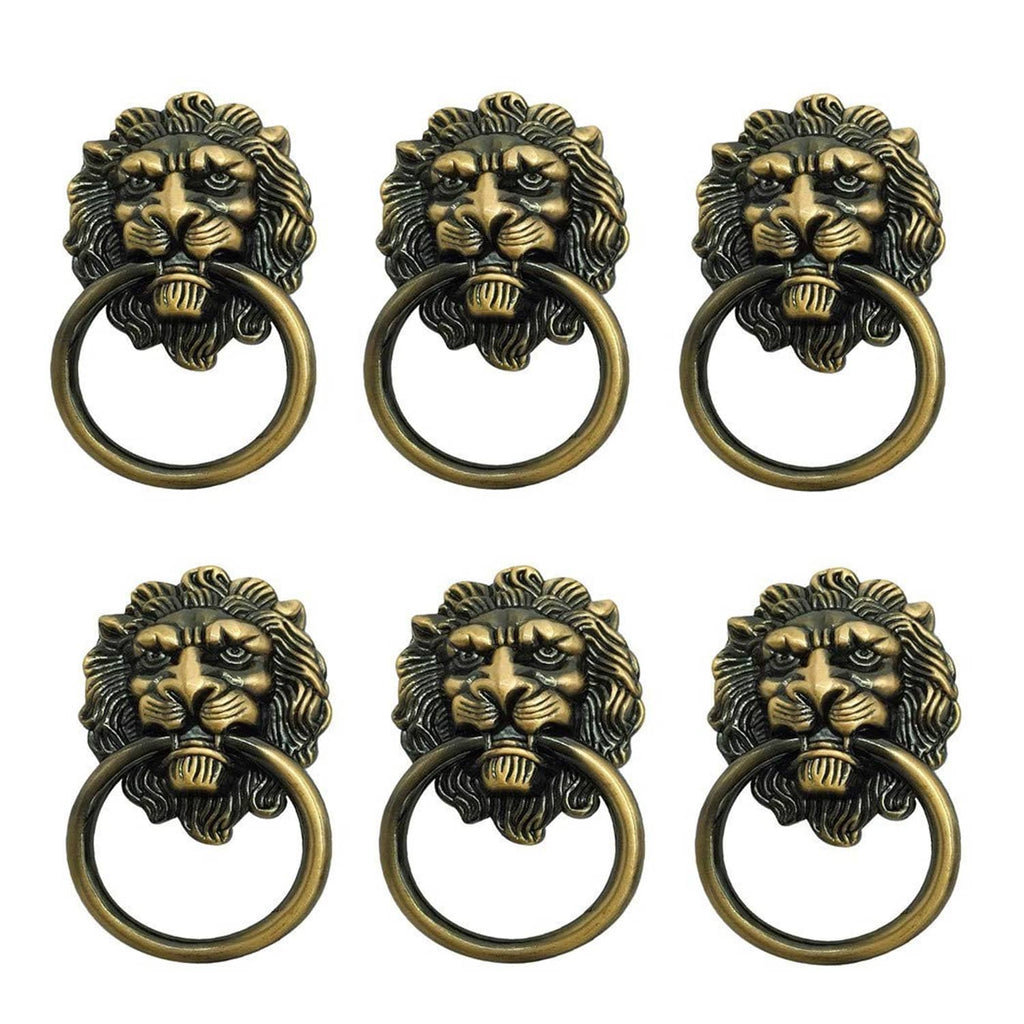 Bronze lion head drawer pull handles with oval ring, set of six shown