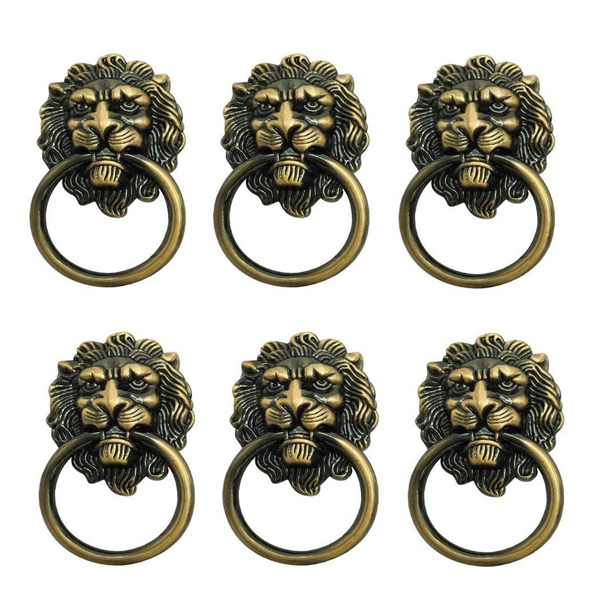 Bronze lion head drawer pull handles with oval ring, set of six shown