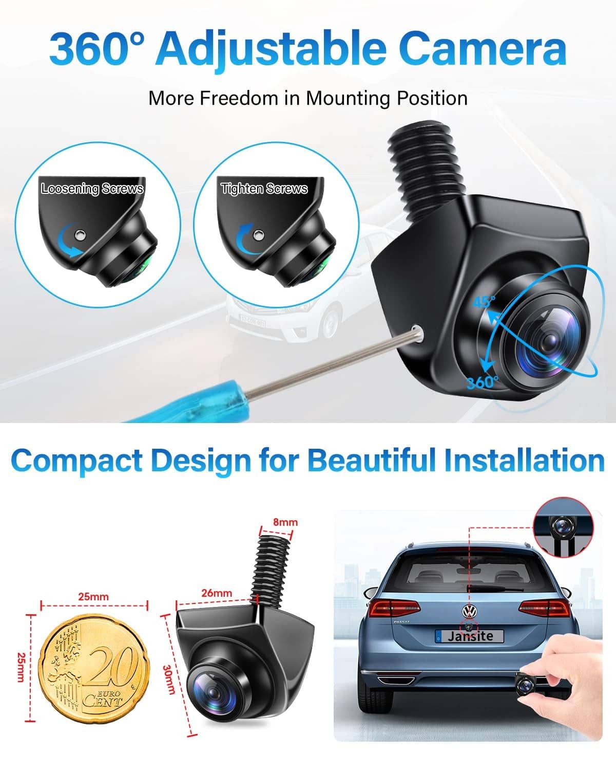 360° adjustable car backup camera with mounting position arrows and compact body