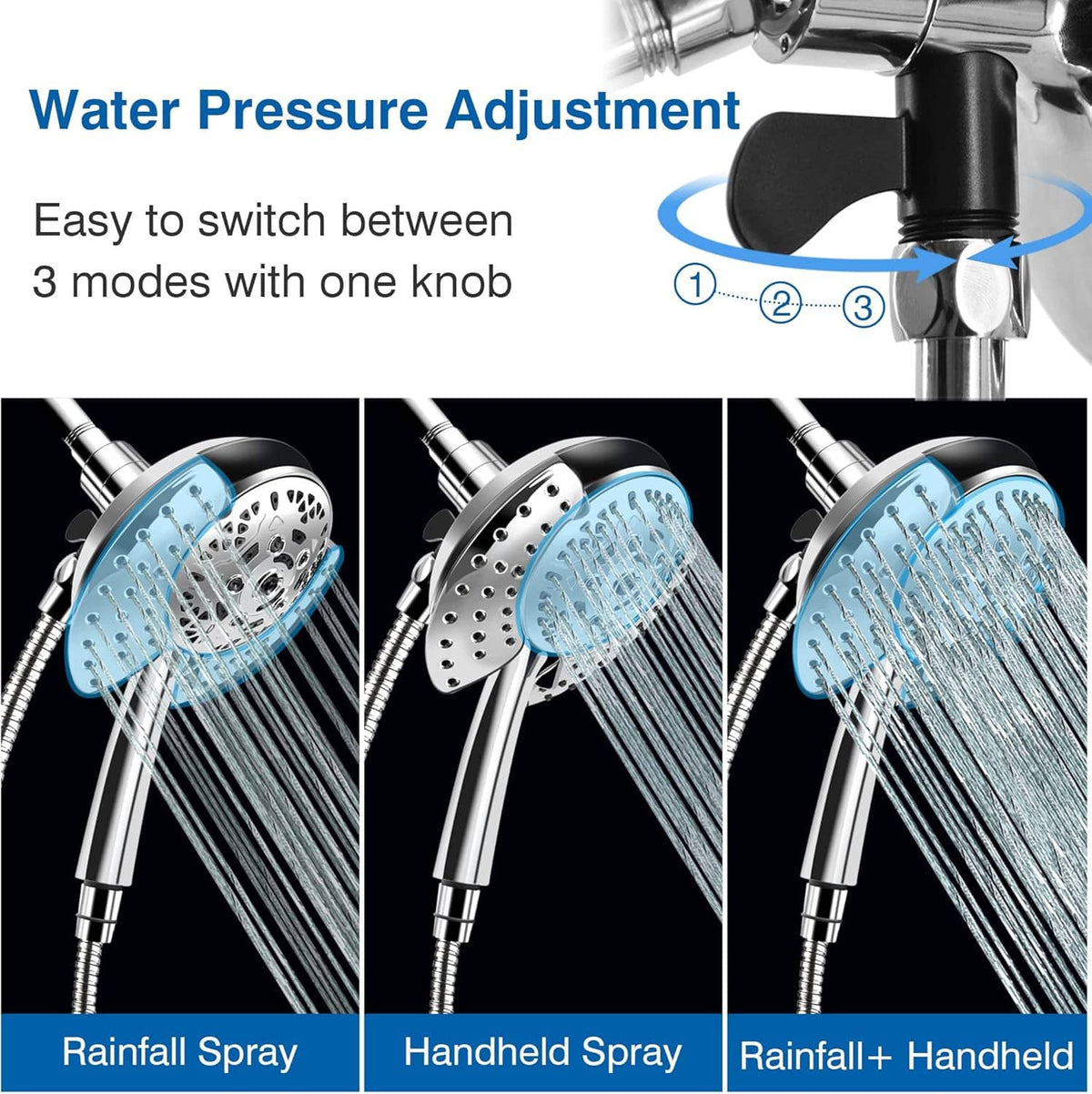 Chrome shower head with control knob and rain plus handheld spray outlets