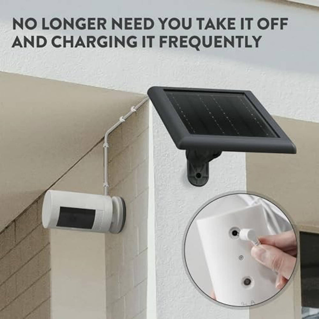 Outdoor wall-mounted black solar panel with power cable and plug