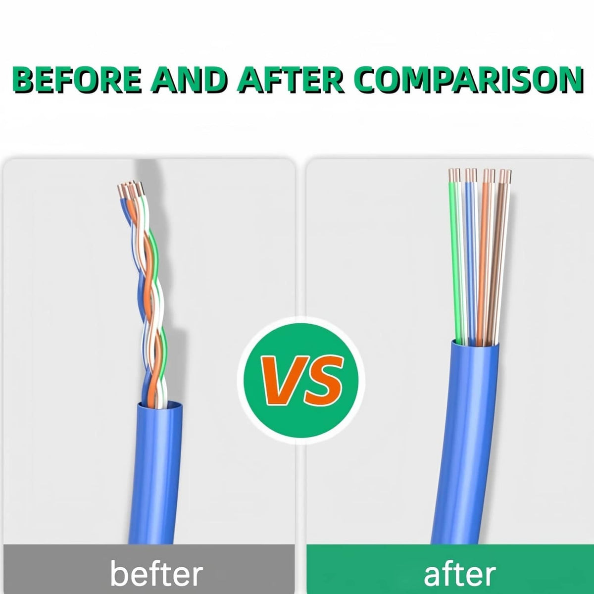 Ethernet cable ends comparison showing untwisted wires versus aligned wires