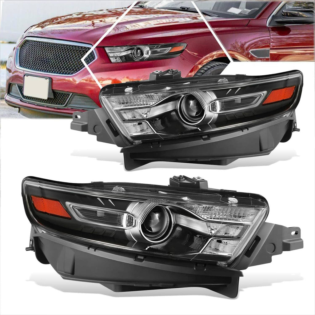 Pair of projector style headlights with amber corner markers and black housing