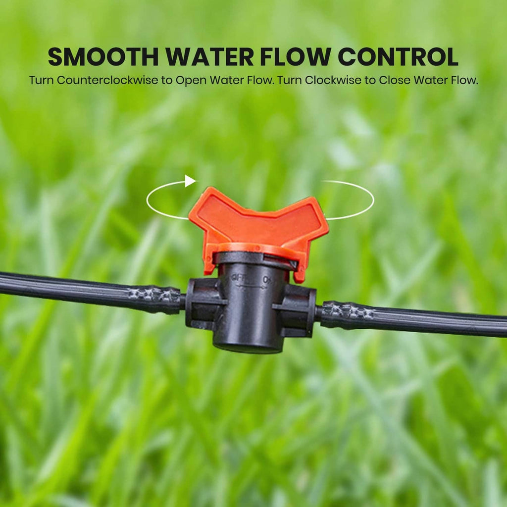 Inline barbed ball valve with red lever handle and black housing on garden tubing