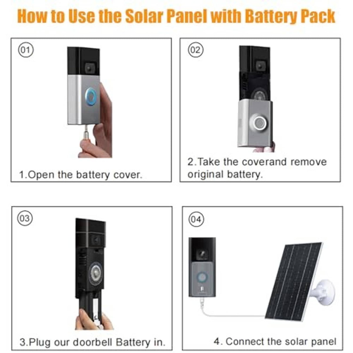 Step-by-step setup diagram for solar panel with battery pack for a doorbell