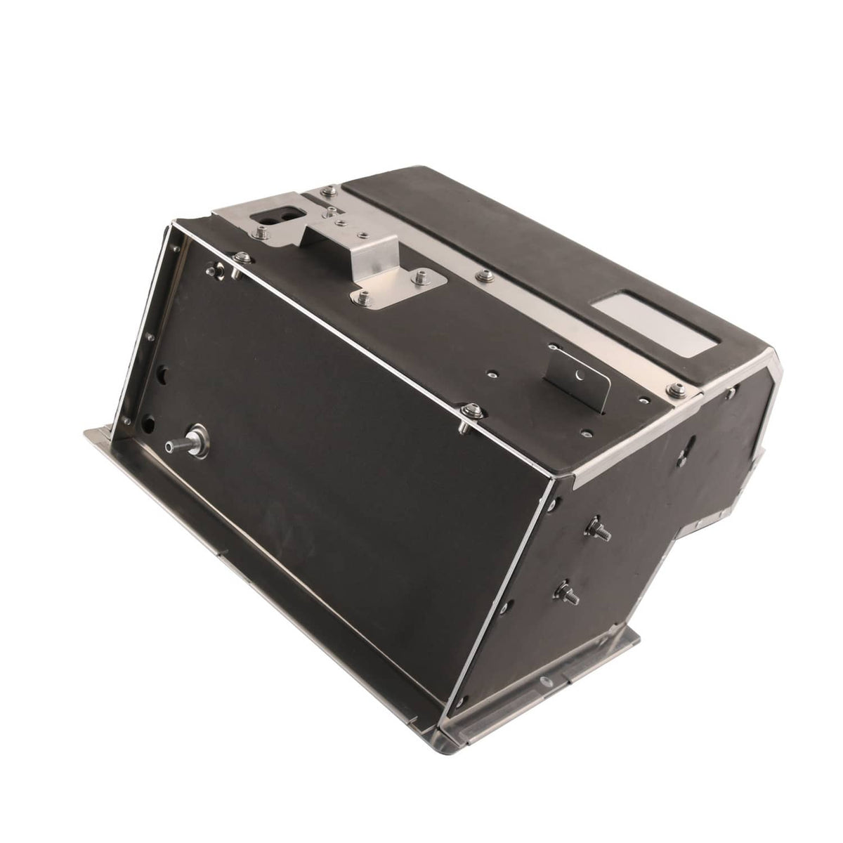 Aluminum heater box kit top side with control opening and mounting points, black and silver