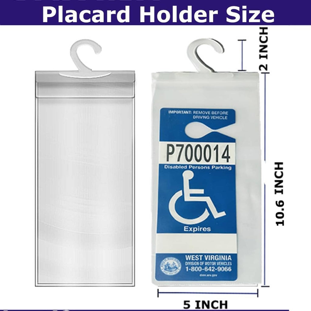 Handicap placard holder size view: clear frosted sleeve with metal hook, 5 x 10.6 in