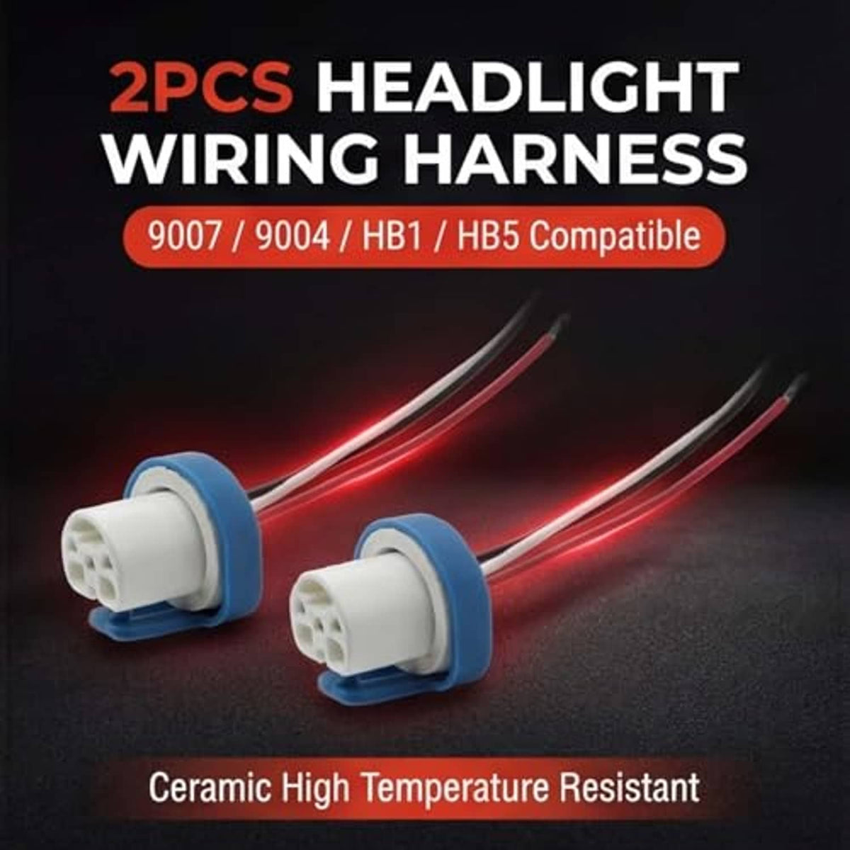 Two headlight wiring harnesses with white 3-pin ceramic sockets and red/black leads