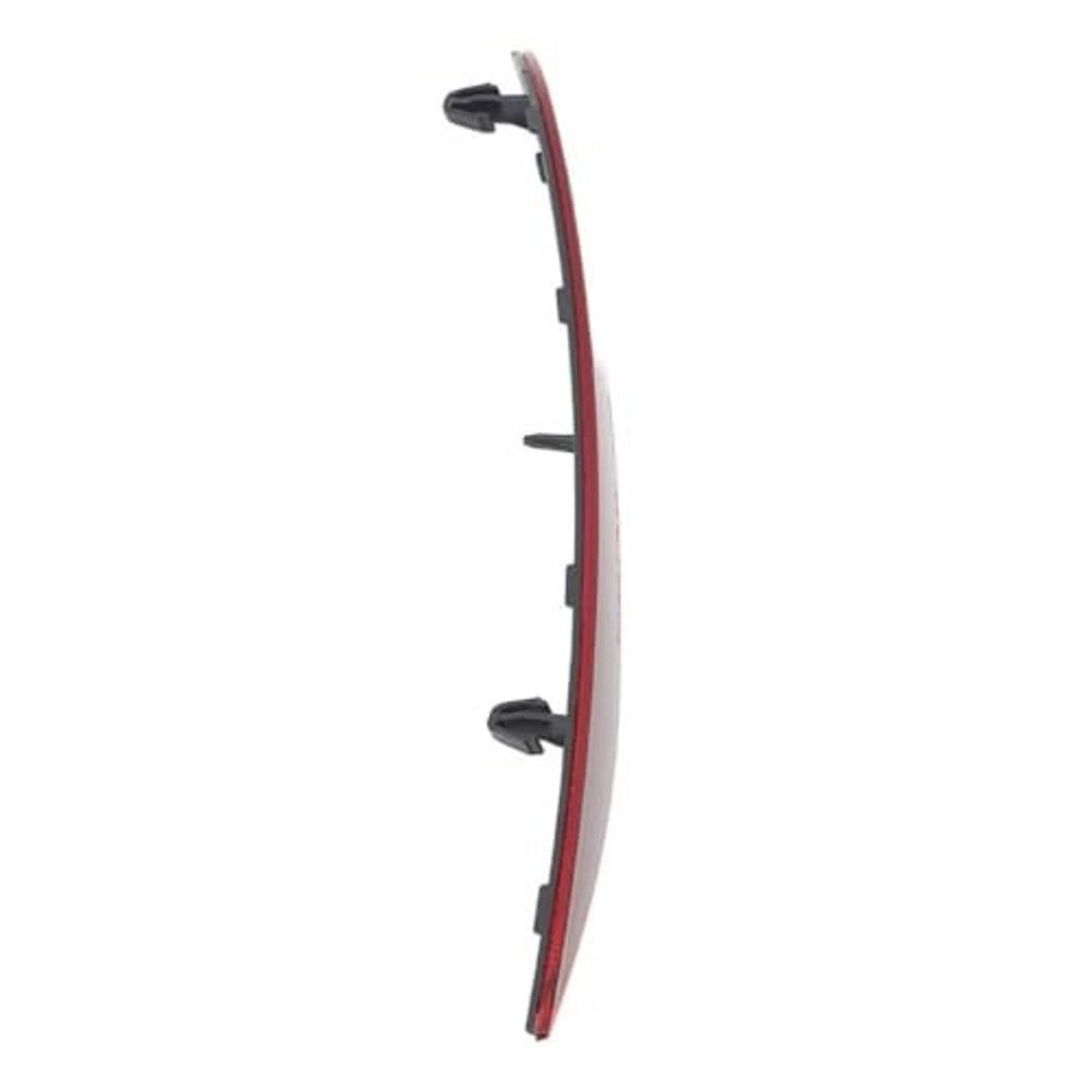 Side view of red reflective bumper strip with dark back and three mounting clip points.