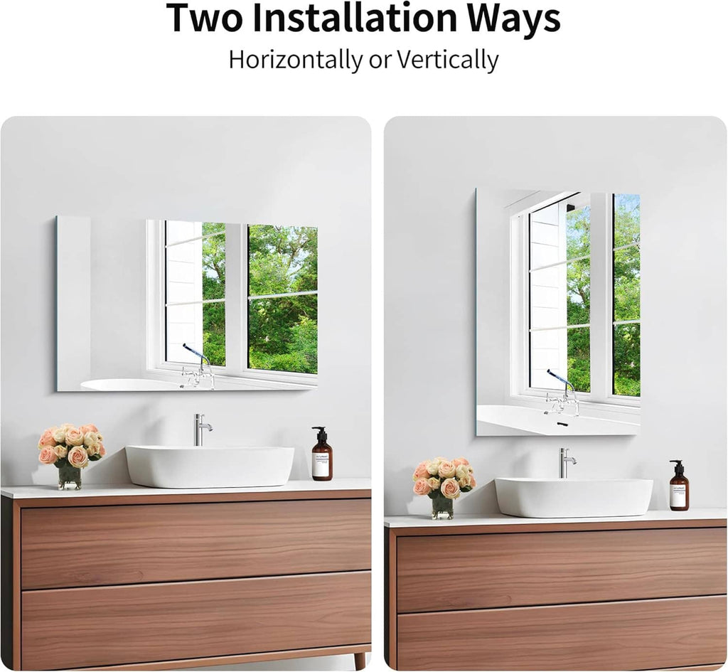 Frameless rectangular mirror shown for horizontal or vertical wall mounting
