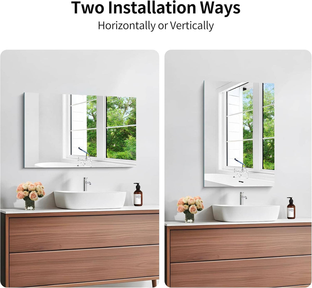 Frameless rectangular mirror shown for horizontal or vertical wall mounting