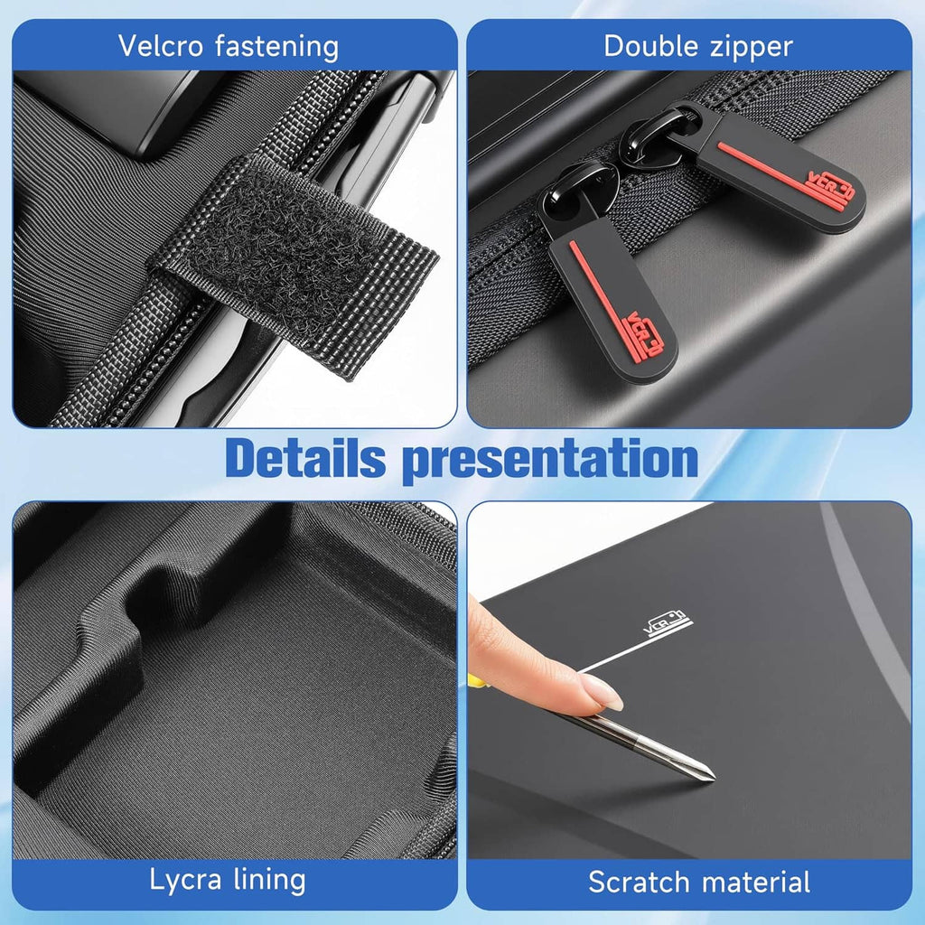 Close-up of black case materials: velcro strap, zipper, lycra lining, scratch-resistant surface