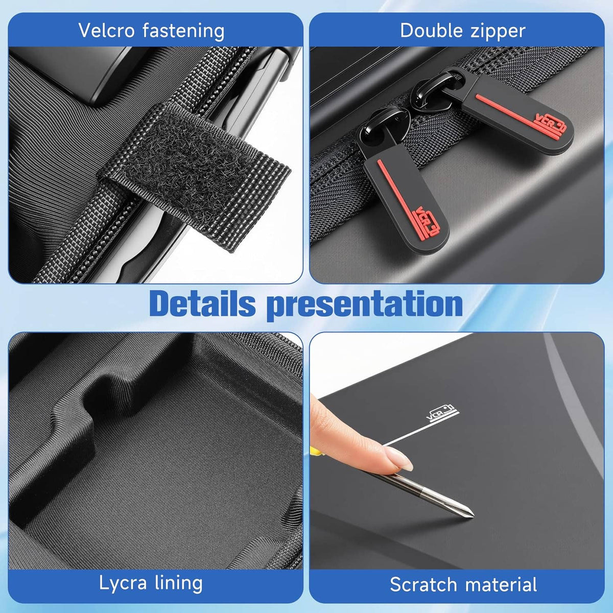 Close-up of black case materials: velcro strap, zipper, lycra lining, scratch-resistant surface