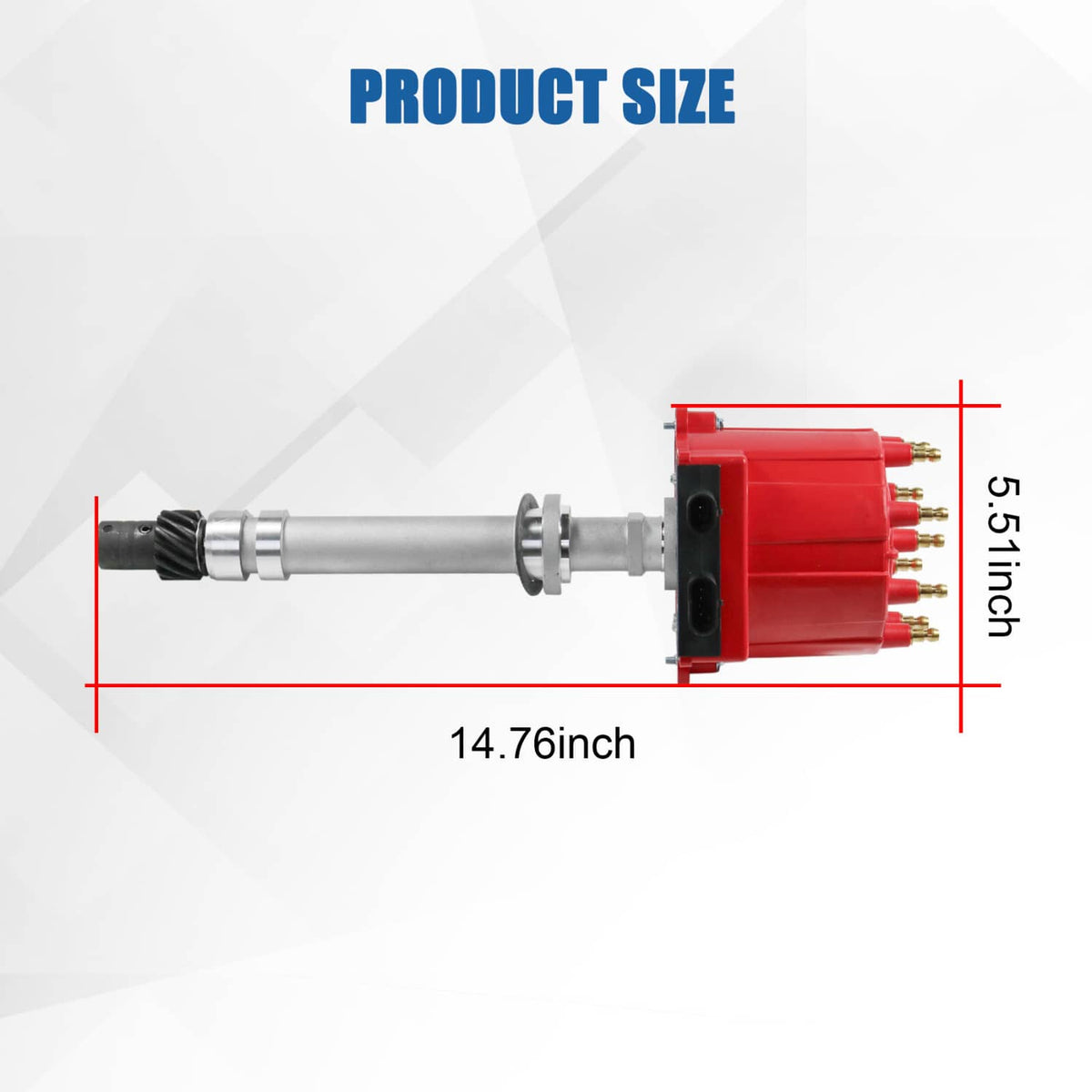 Red and silver ignition distributor, shown from side with measurement markings