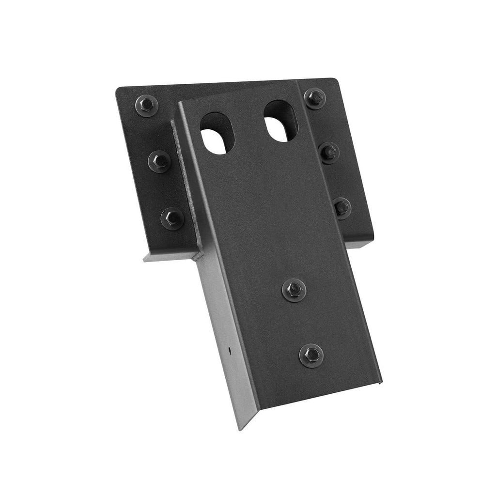 Black steel compound angle platform bracket with visible screw heads on side flanges