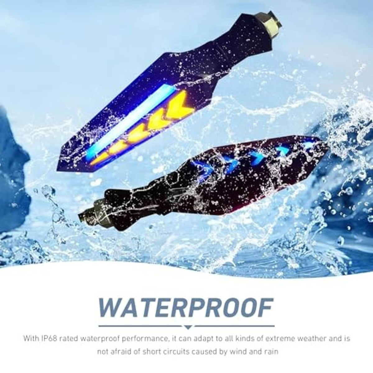 Motorcycle LED turn signal lights with water-splash protection, blue and yellow arrow LEDs