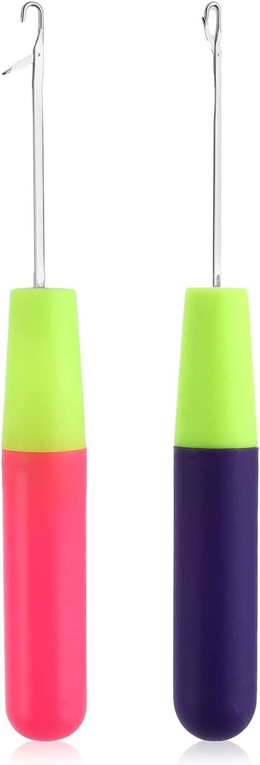 2-pack latch hook tools with neon green top grips, pink and purple handles, metal latch ends