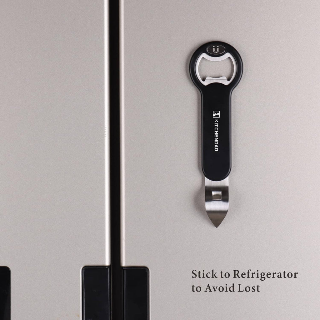 Magnetic bottle and can opener stuck to refrigerator, black handle with silver blade