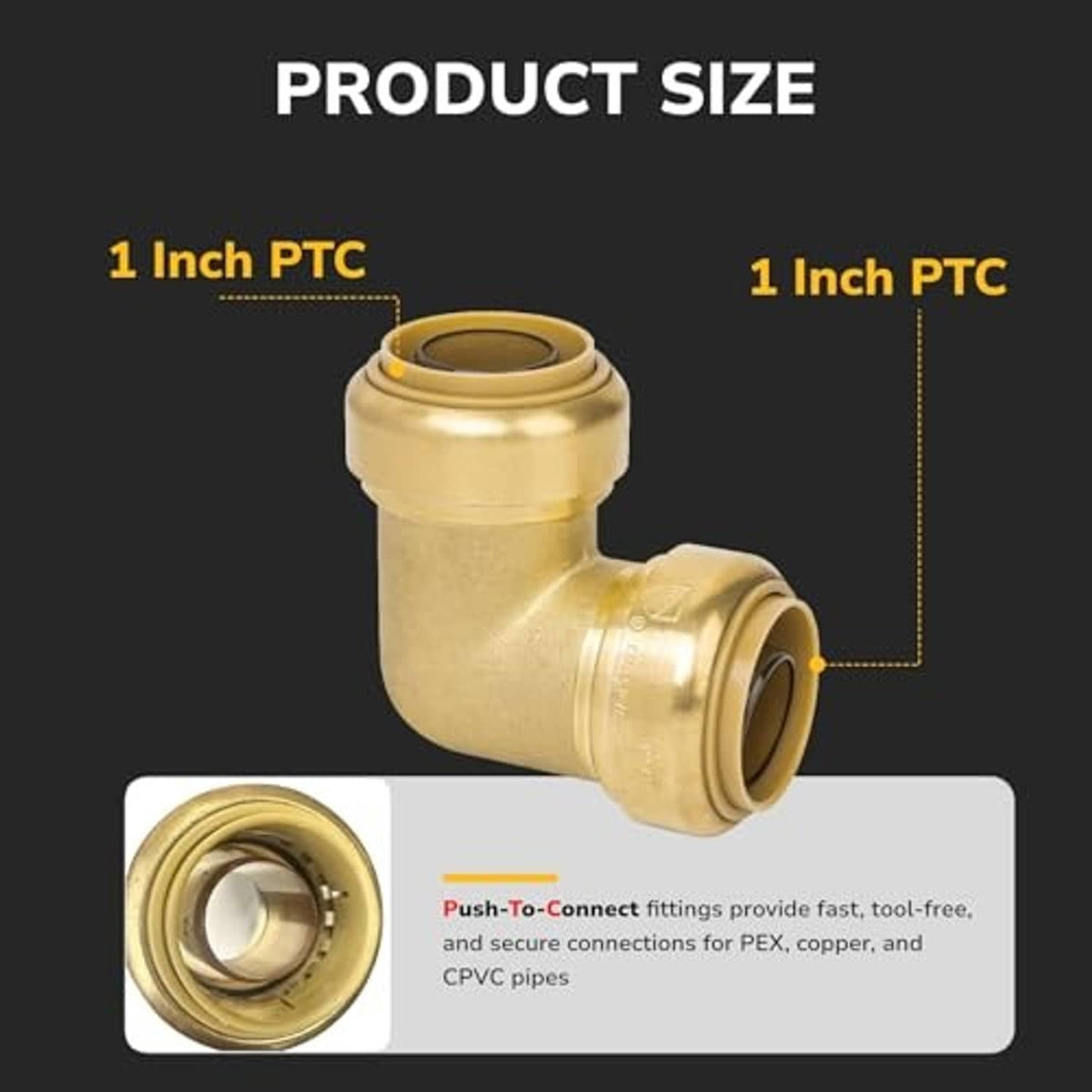 Brass 90-degree elbow pushfit fitting with two push-connect ends