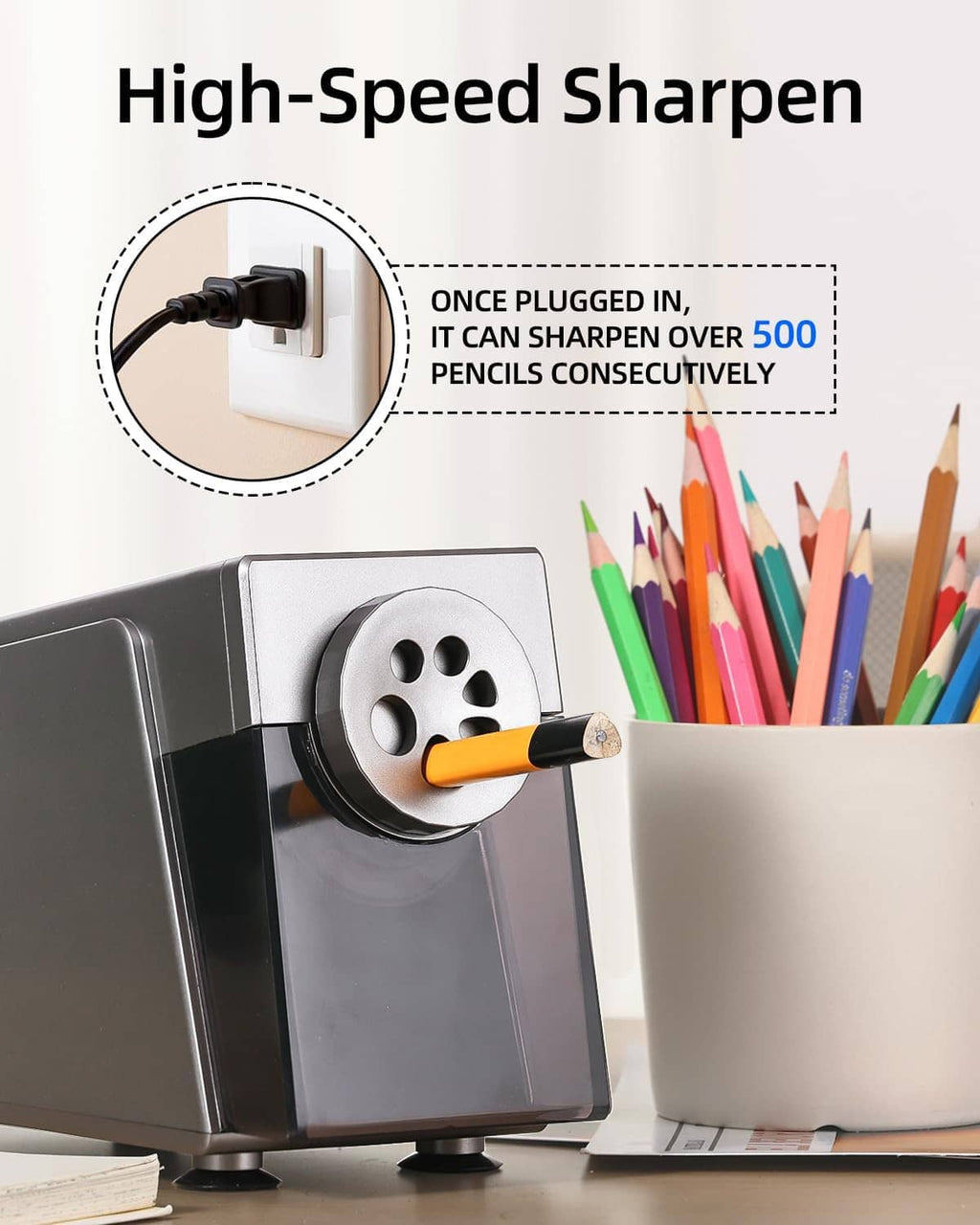 High-speed automatic electric pencil sharpener with 6-hole drum