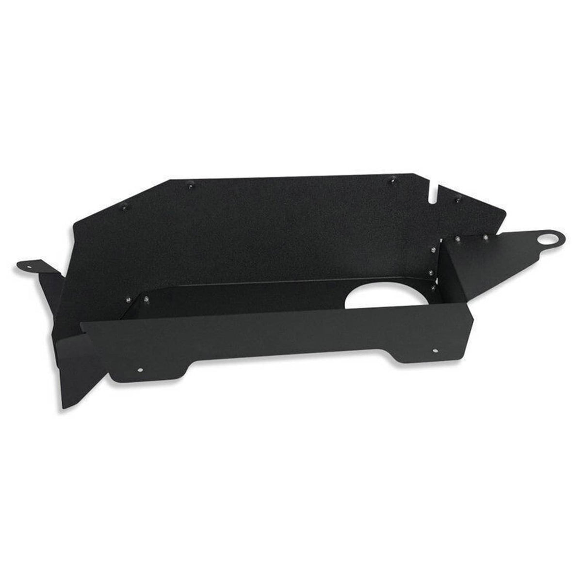 Black cold air intake heat shield panel with mounting holes and loop bracket
