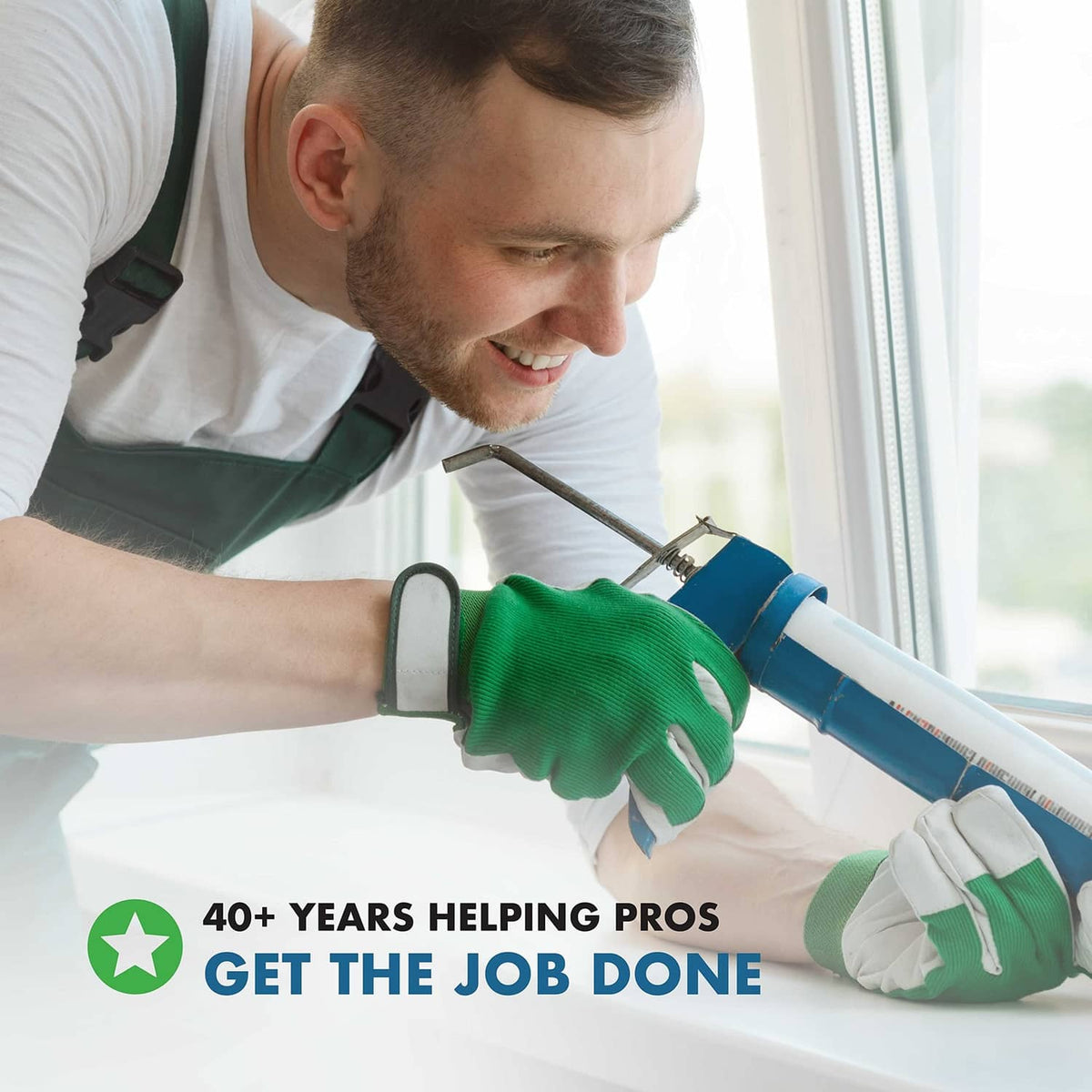 Installer applying sealant with caulking gun at window frame
