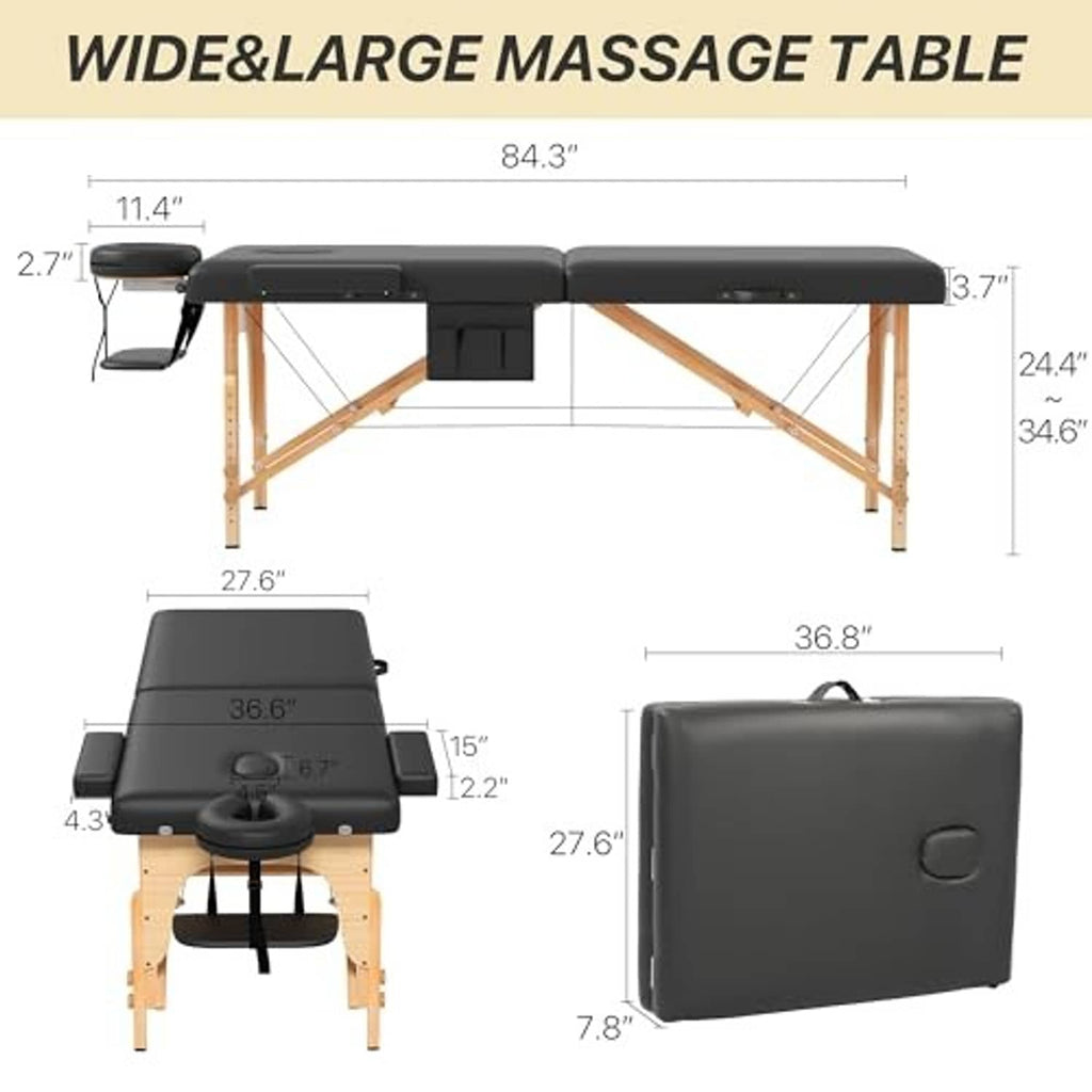 Black massage table shown in a side-view size diagram with wooden legs and headrest