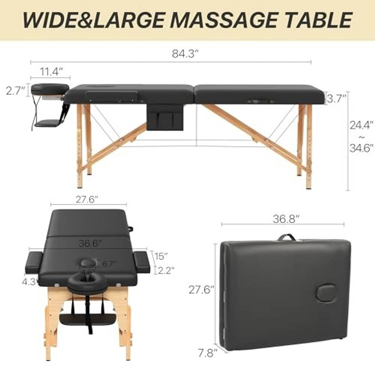 Black massage table shown in a side-view size diagram with wooden legs and headrest