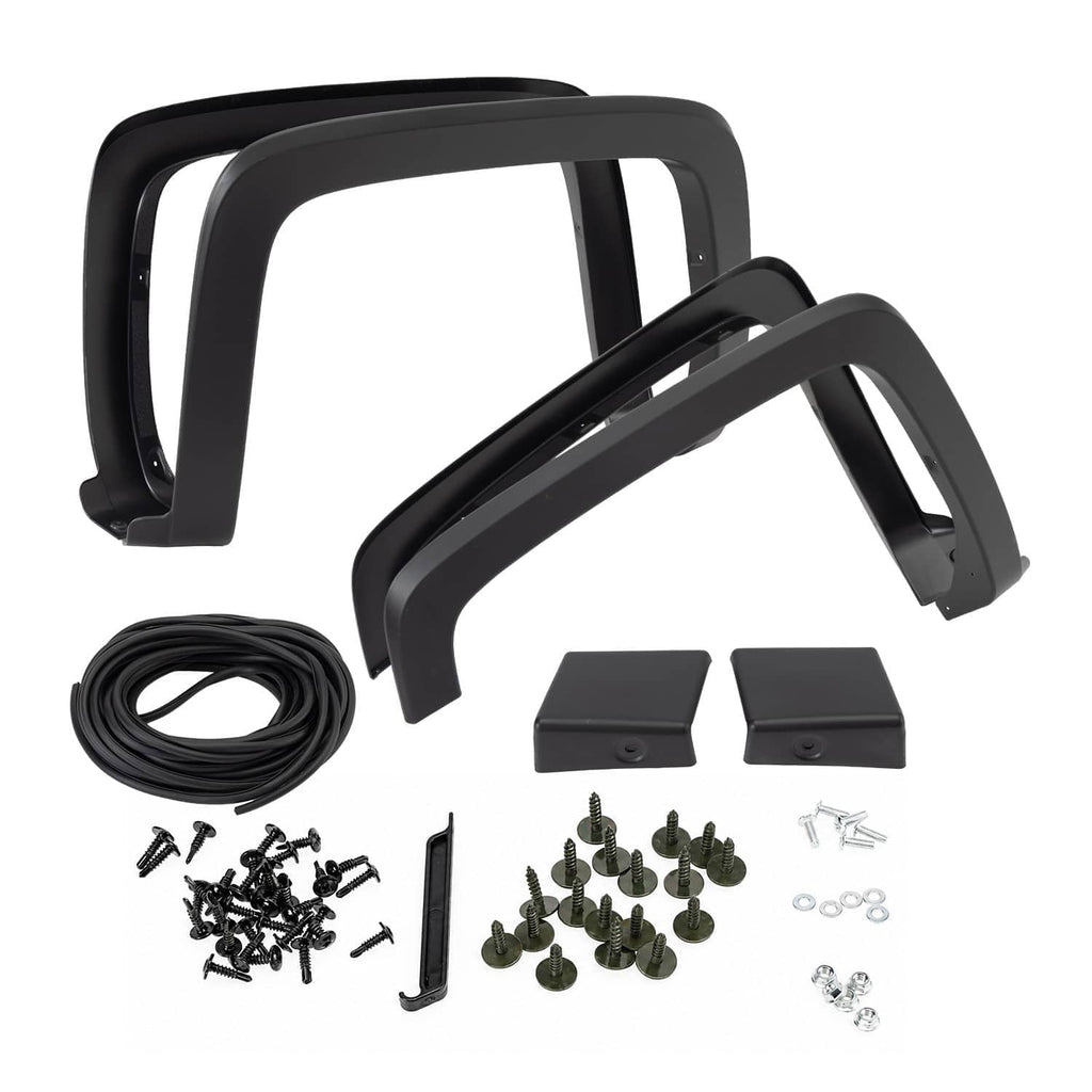 Black fender flare set with two flares per side plus coiled wire and installation bolts
