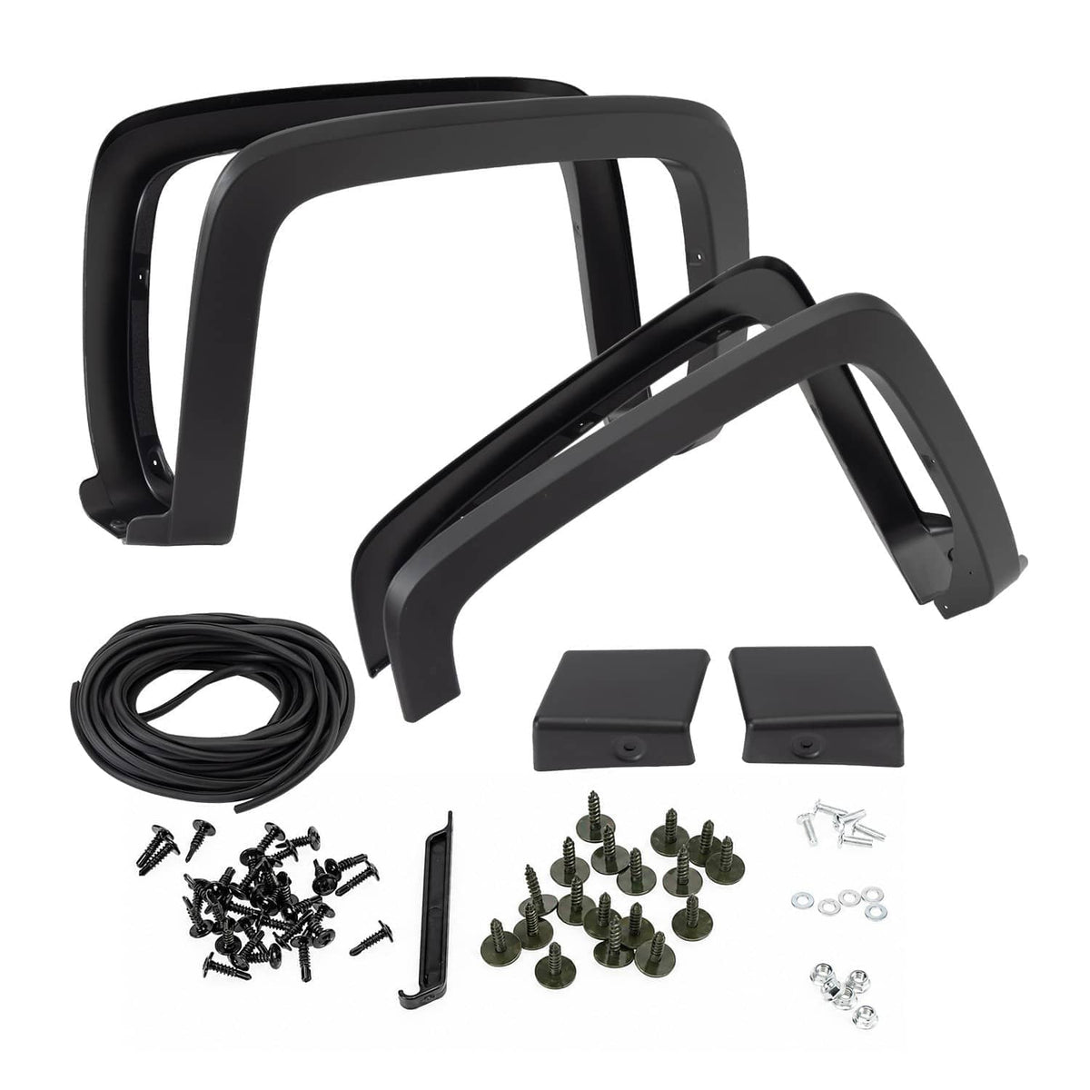 Black fender flare set with two flares per side plus coiled wire and installation bolts