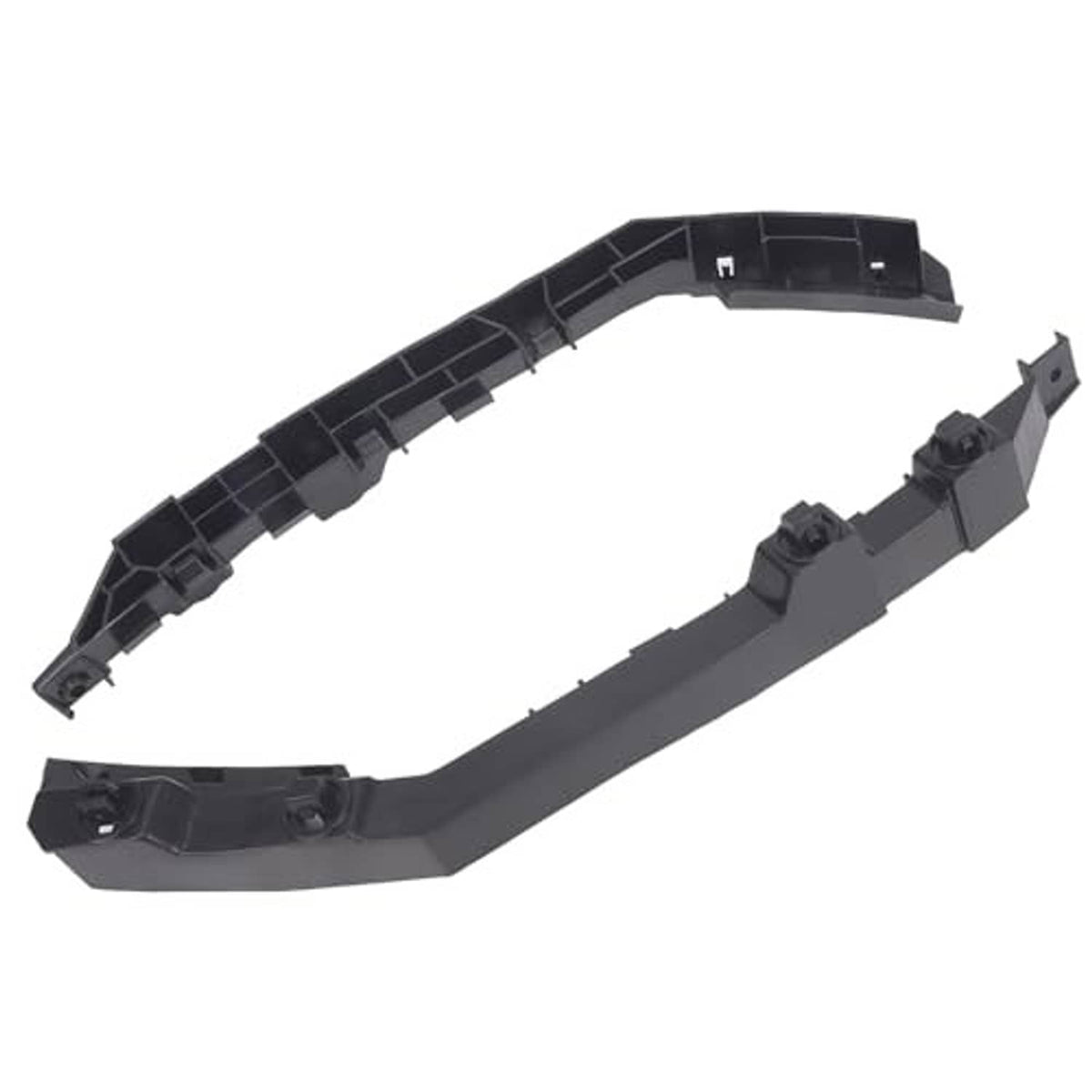 Front bumper bracket retainer set, black plastic pieces with clips and mounting tabs