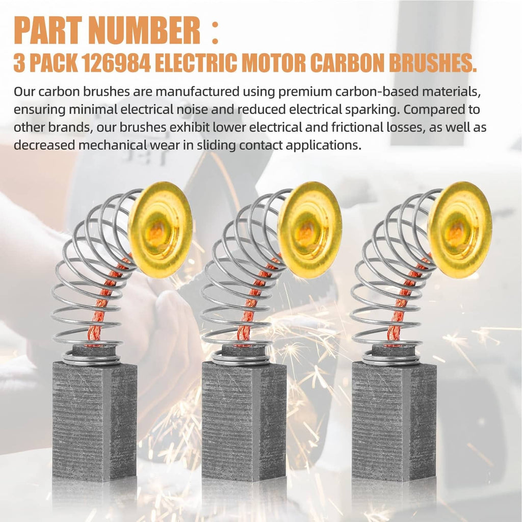 Three electric motor carbon brushes with yellow contact disks and gray carbon blocks