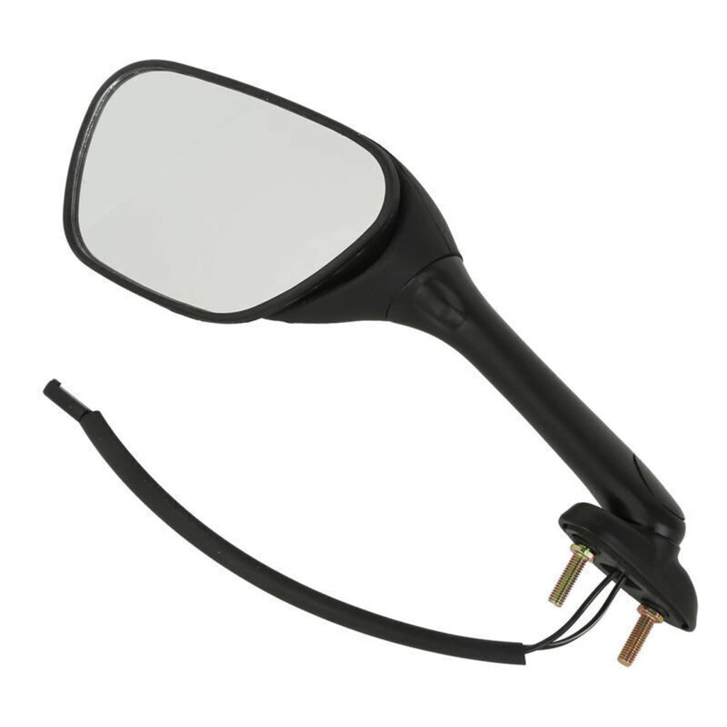 Single black motorcycle rearview mirror with clear lens, wiring, and mounting hardware