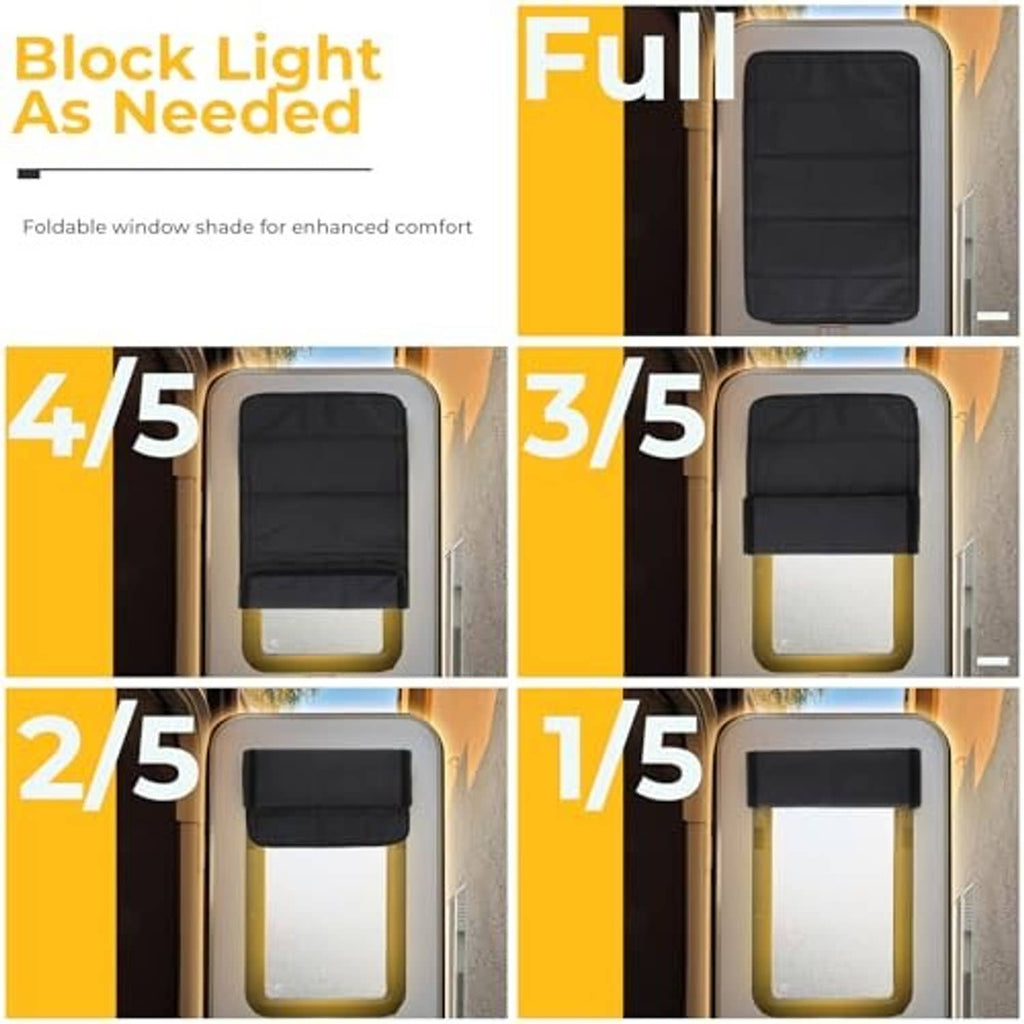 Black foldable window shade panel covering an RV door window
