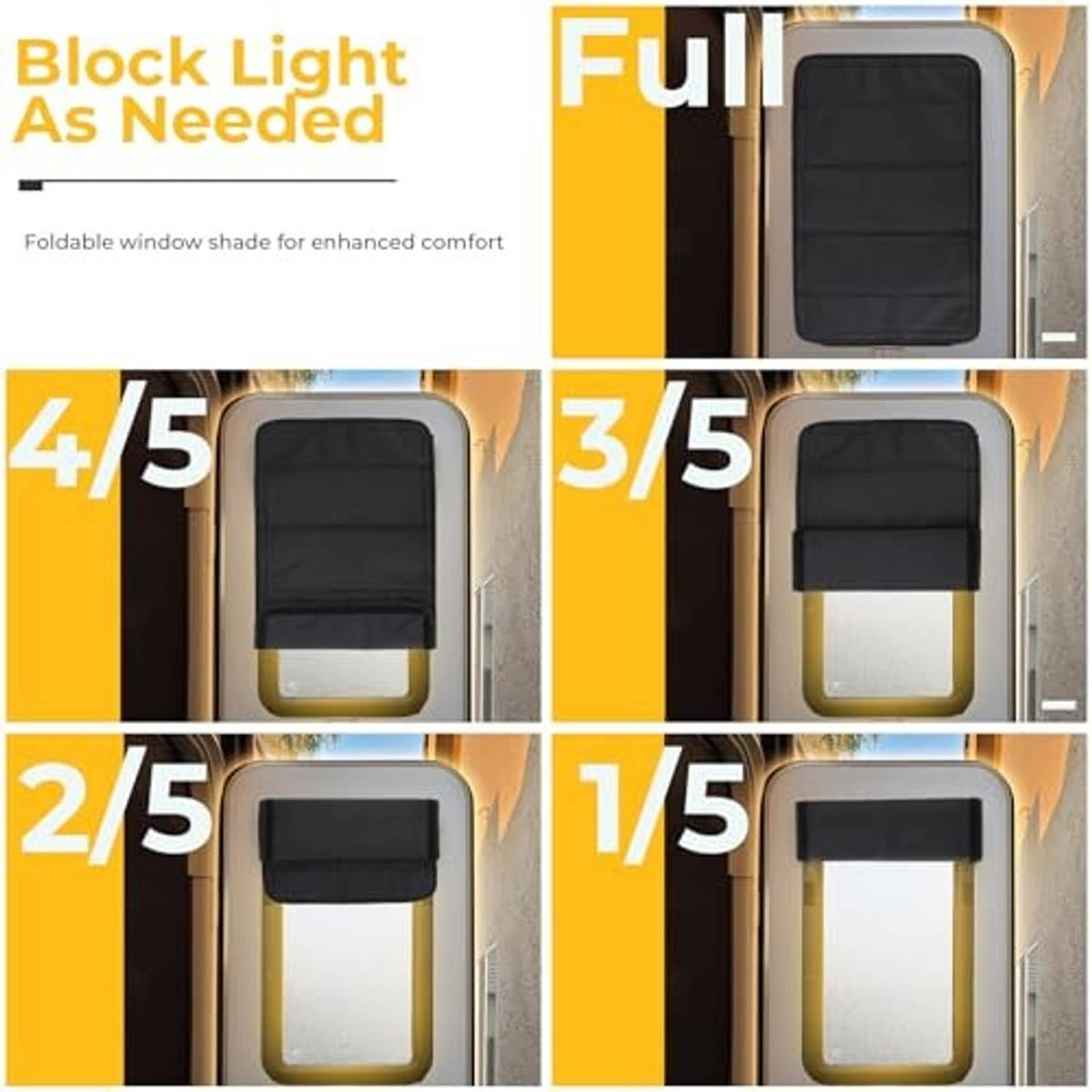 Black foldable window shade panel covering an RV door window