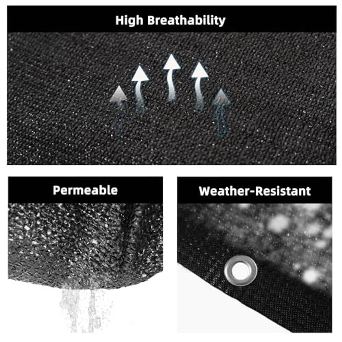 Black shade cloth fabric texture with tightly woven, breathable mesh