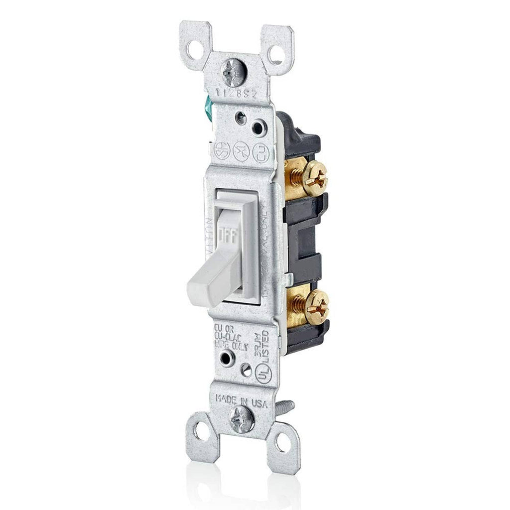 Leviton quiet single-pole AC toggle switch, white, with wiring terminals