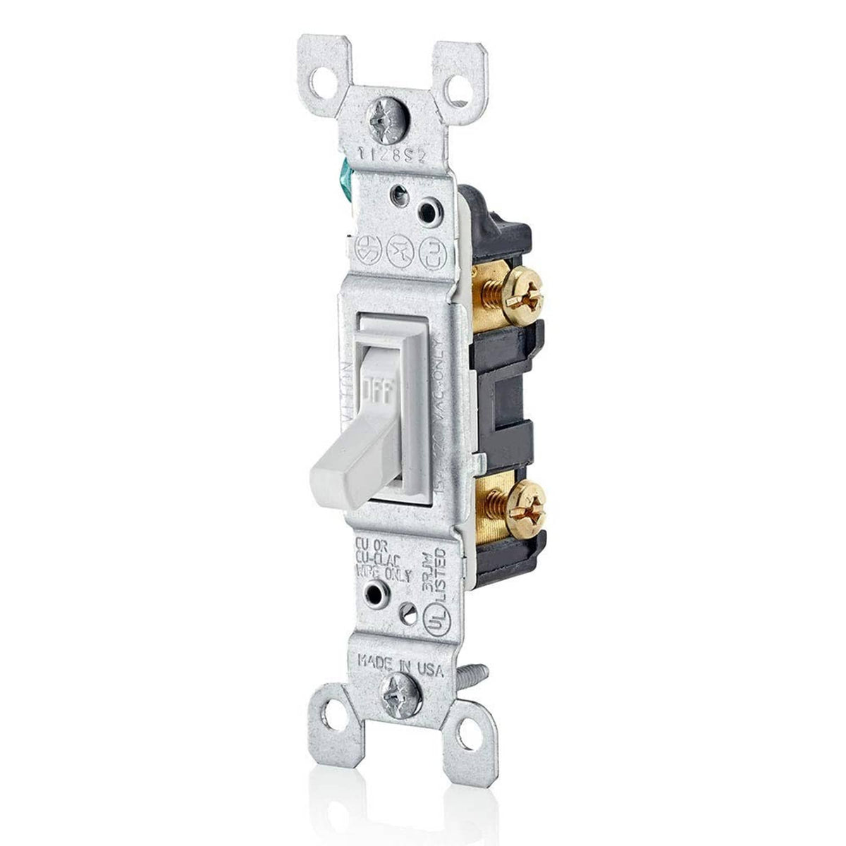 Leviton quiet single-pole AC toggle switch, white, with wiring terminals