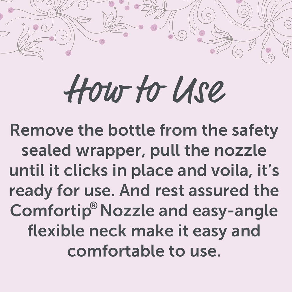 How to use: remove safety wrap, pull nozzle until it clicks, ready for use