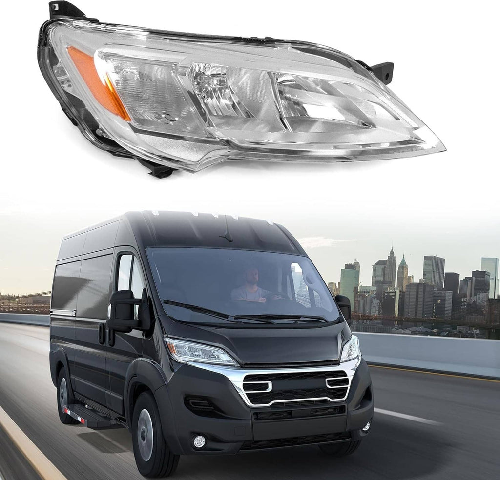 Right halogen headlight assembly with clear lens and amber reflector on van