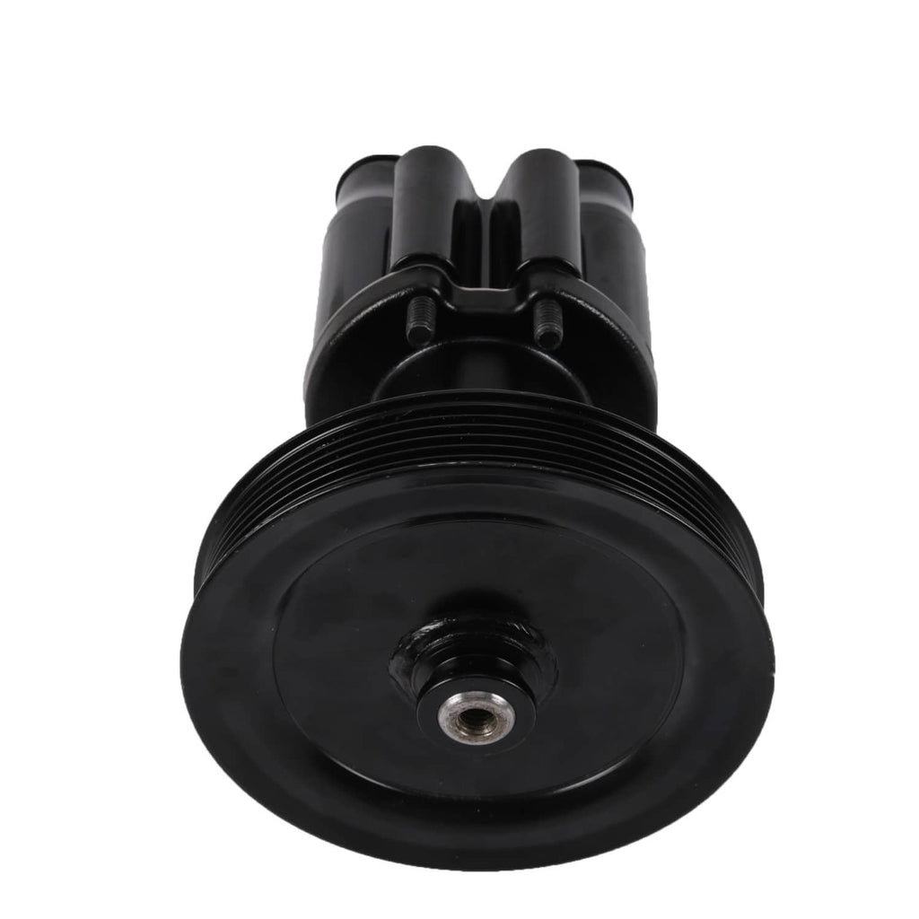 Raw sea water pump with pulley, top view of ribbed pulley and center bolt