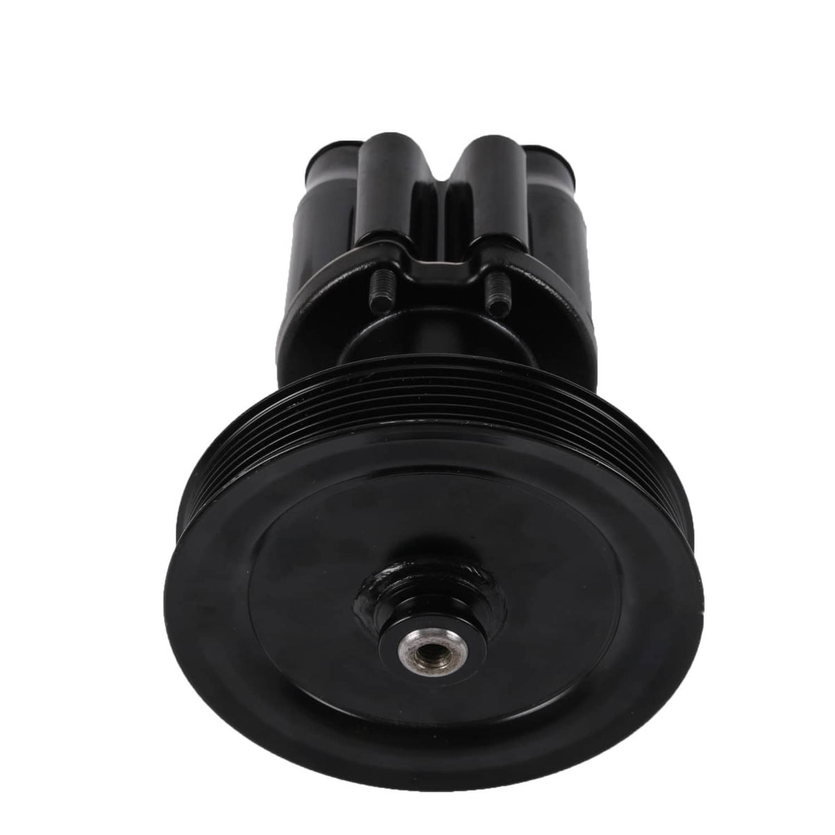 Raw sea water pump with pulley, top view of ribbed pulley and center bolt