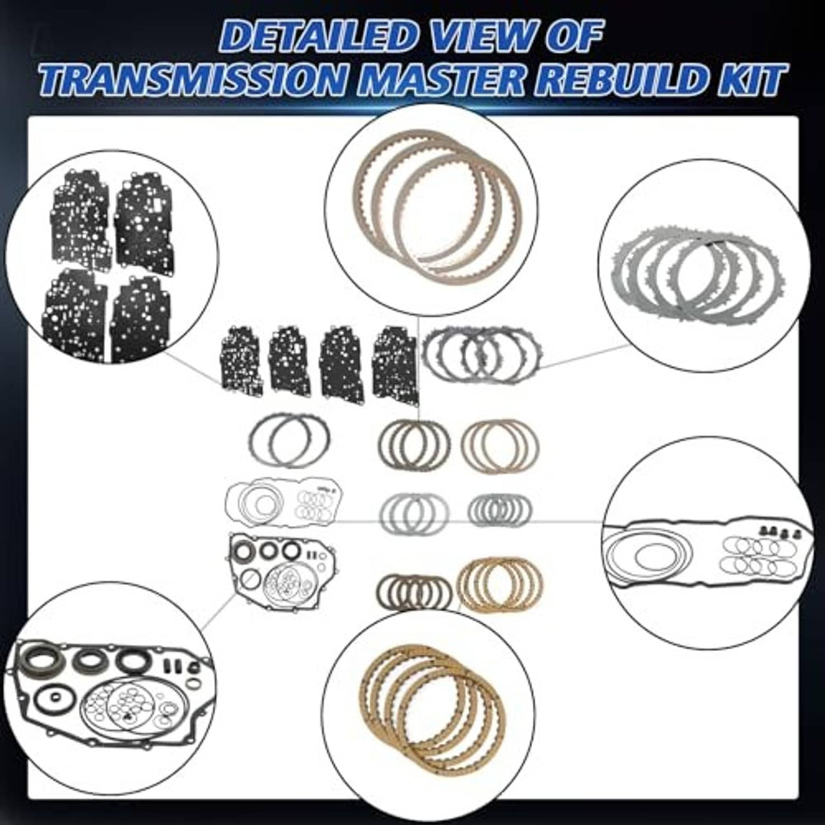 Transmission master rebuild kit parts diagram with seals, rings, and friction plates