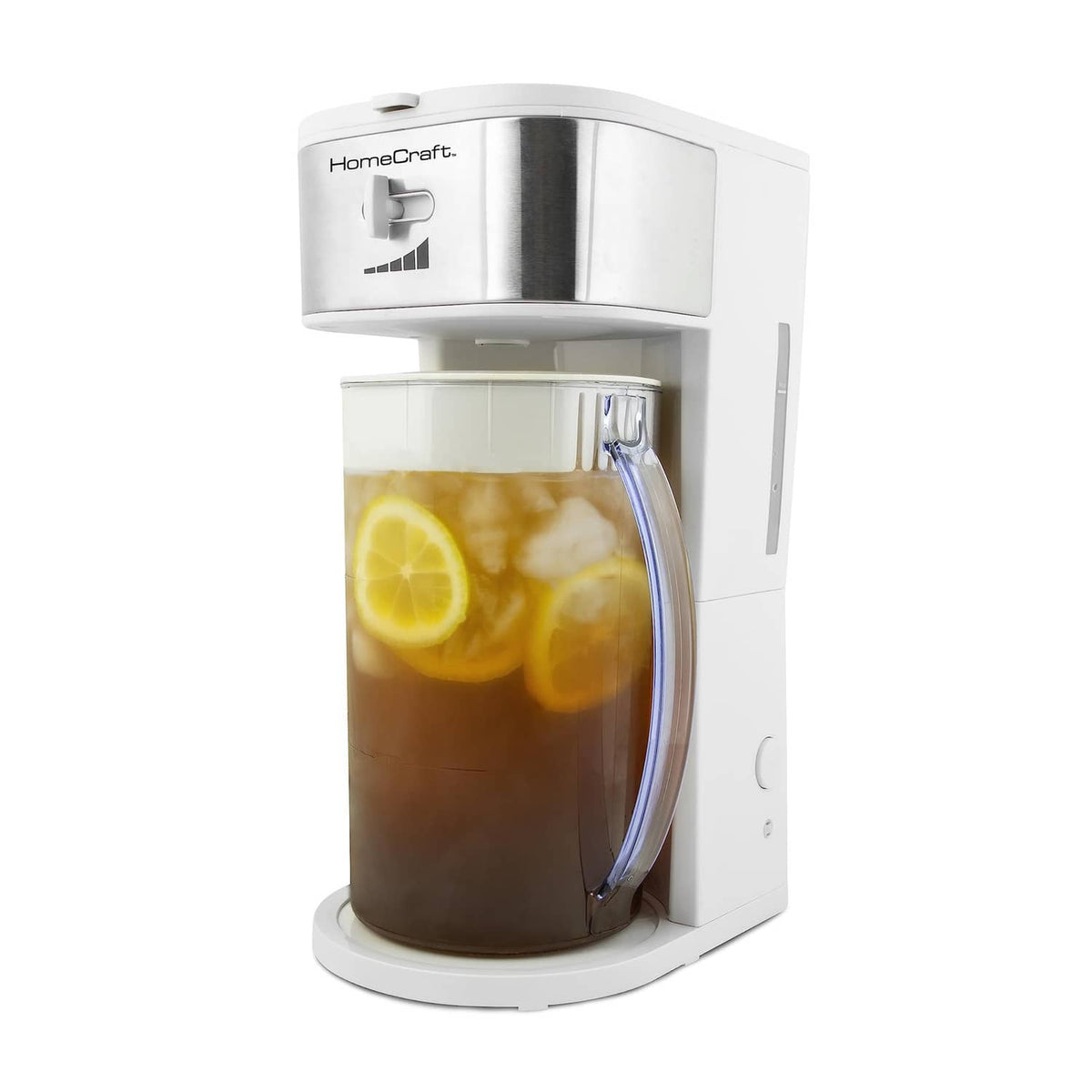 White and stainless steel iced tea and coffee maker with pitcher of iced tea and lemon slices