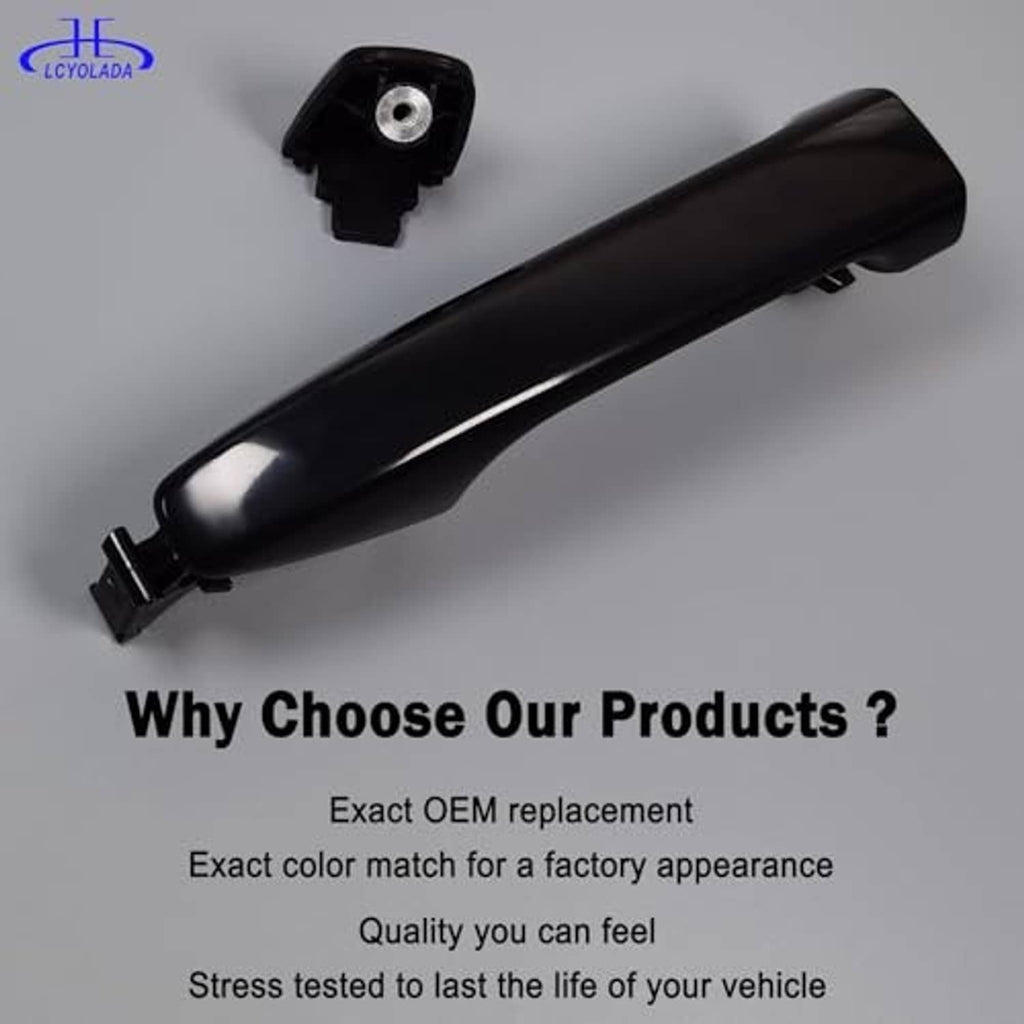 Black exterior door handle with underside mounting tab and metal screw hole