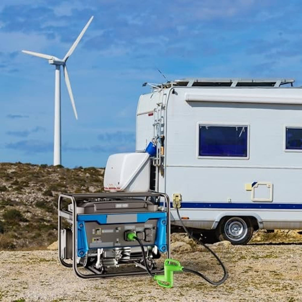 Green RV adapter cord connected between portable generator and RV power inlet