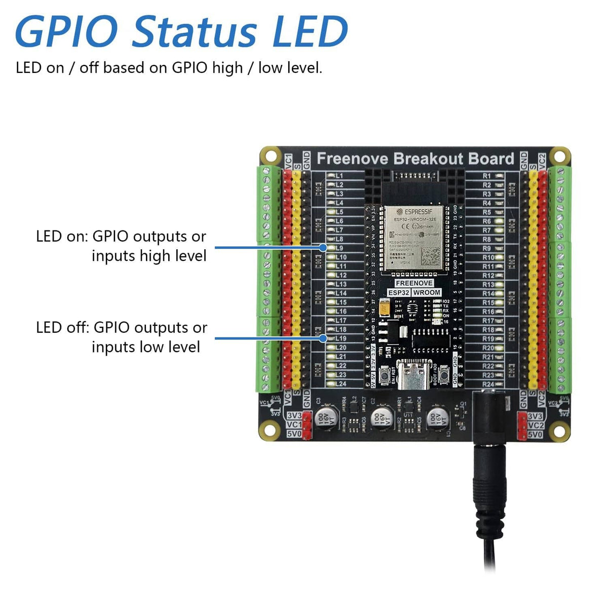 Universal breakout board with GPIO status LED indicator and wired power connector