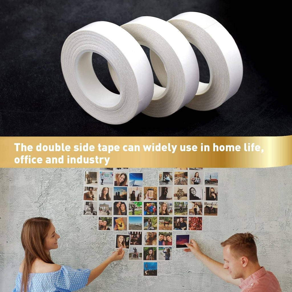 Set of double-sided tape rolls, gray cores and white tape strips stacked